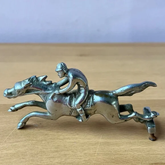 RARE VINTAGE SILVER TONE EQUESTRIAN HORSE JOCKEY CAR HOOD ORNAMENT FROM EUROPE - Picture 2 of 16